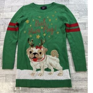 Festive Green Pug Sweater Dress